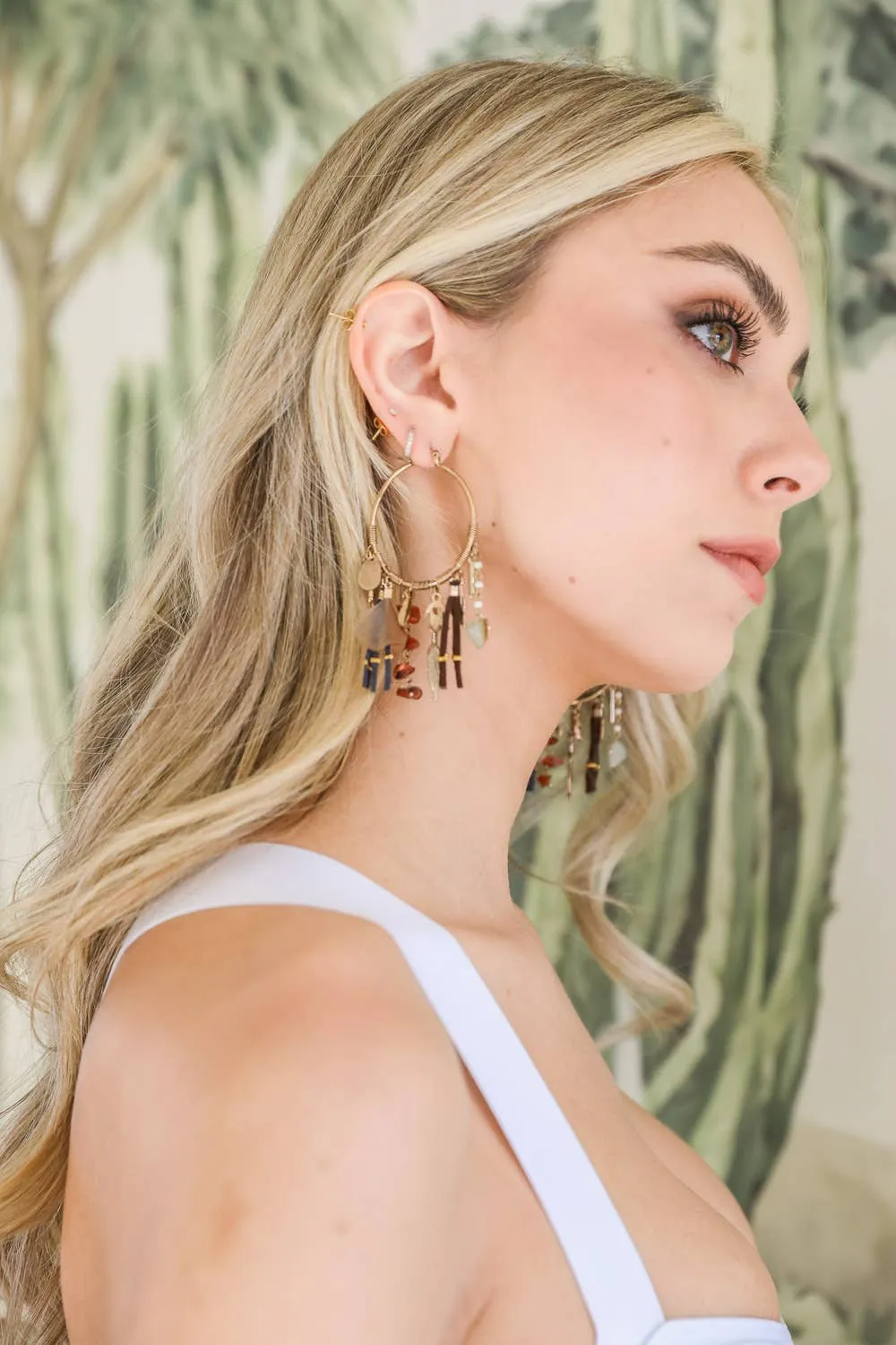 Carnelian & Jade Feather Fringe Hoop Earring