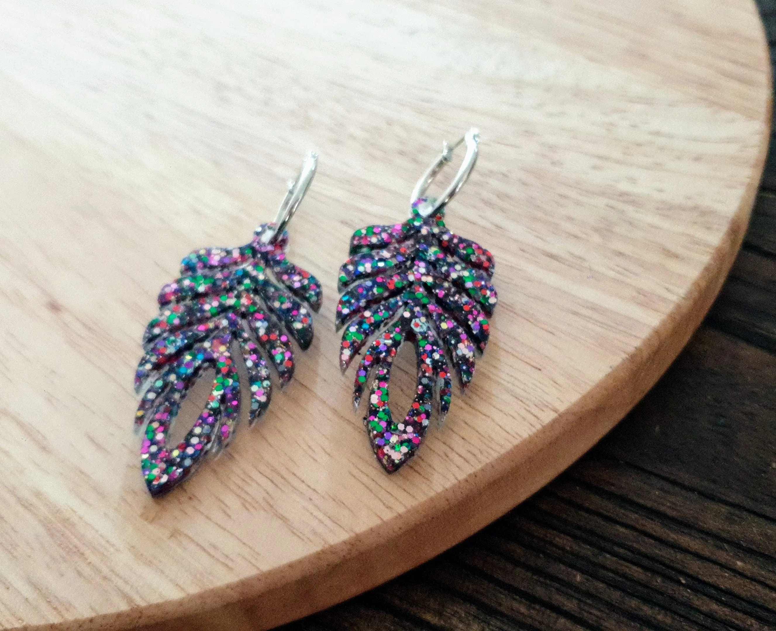 Carnival Long Feather Dangle Hoop Earrings, Multicoloured Glitter Resin Dangles, Statement Earrings