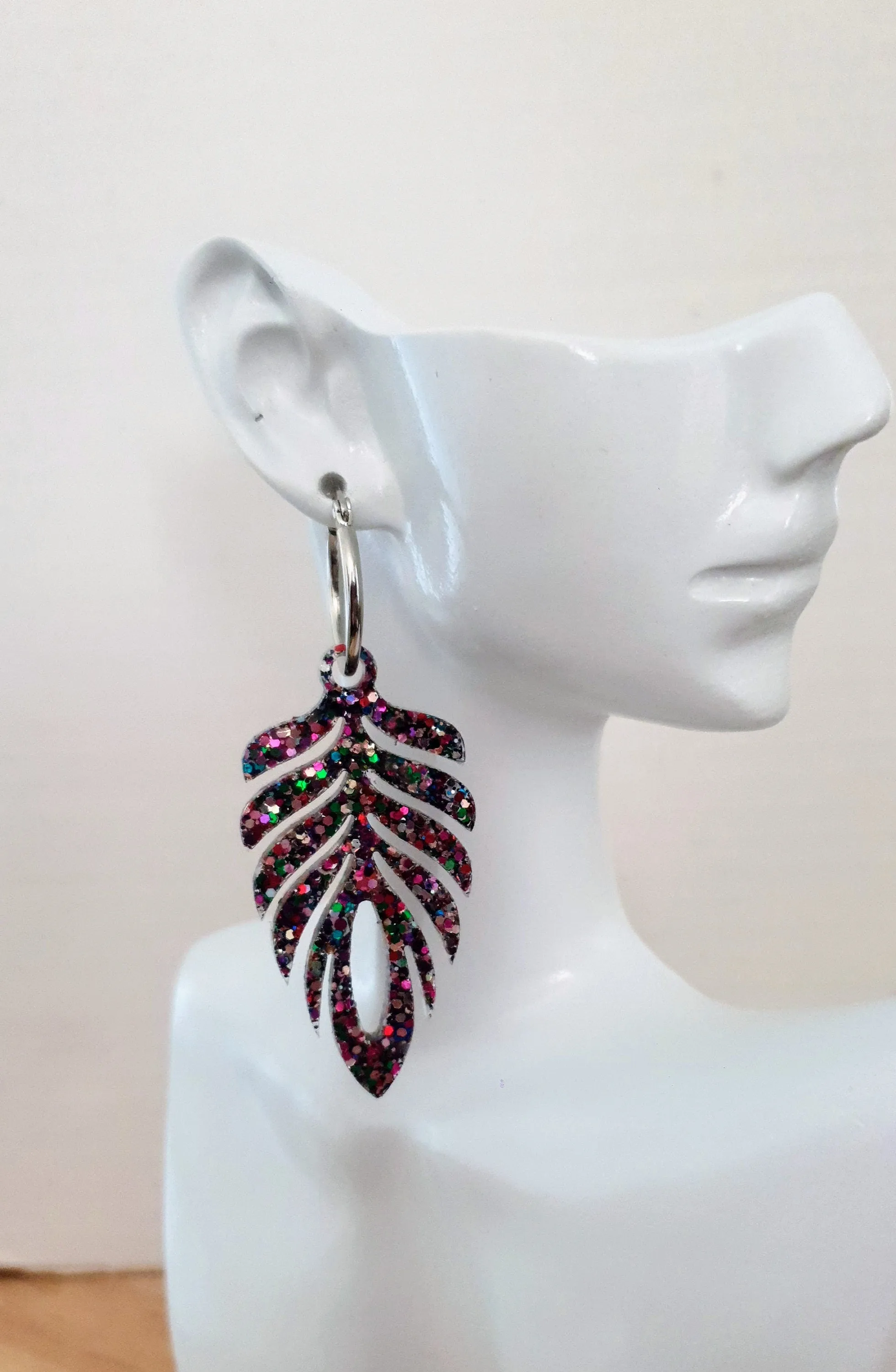 Carnival Long Feather Dangle Hoop Earrings, Multicoloured Glitter Resin Dangles, Statement Earrings