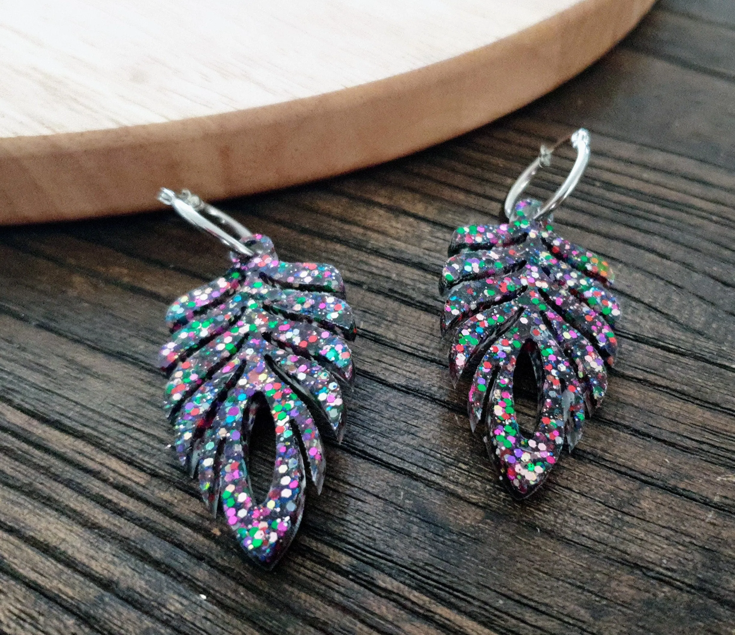 Carnival Long Feather Dangle Hoop Earrings, Multicoloured Glitter Resin Dangles, Statement Earrings