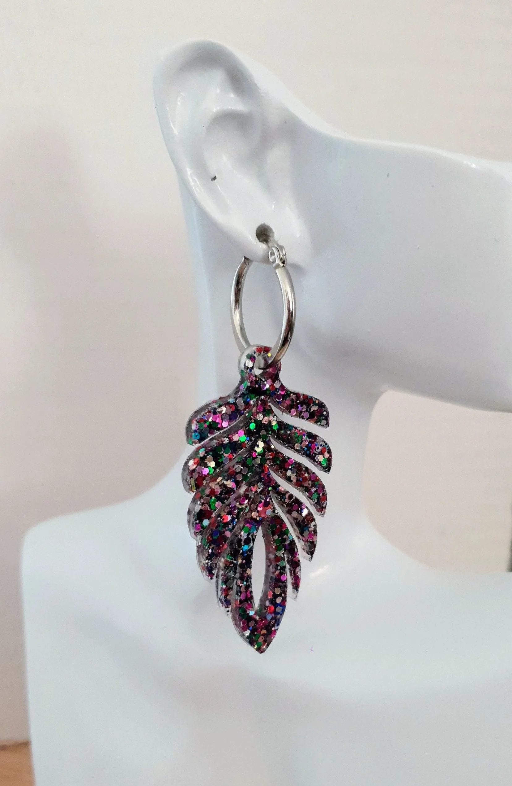 Carnival Long Feather Dangle Hoop Earrings, Multicoloured Glitter Resin Dangles, Statement Earrings