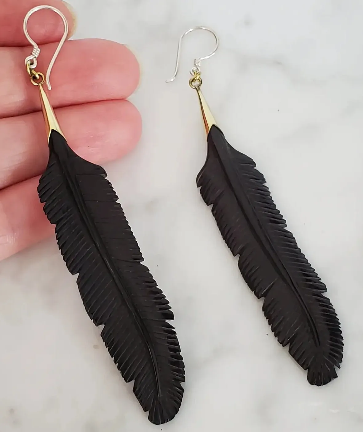 Carved Black Feather Earrings On .925 Sterling Silver Hook