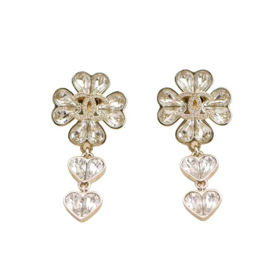Chanel CC Crystal Clover Heart Drop Silver Earrings