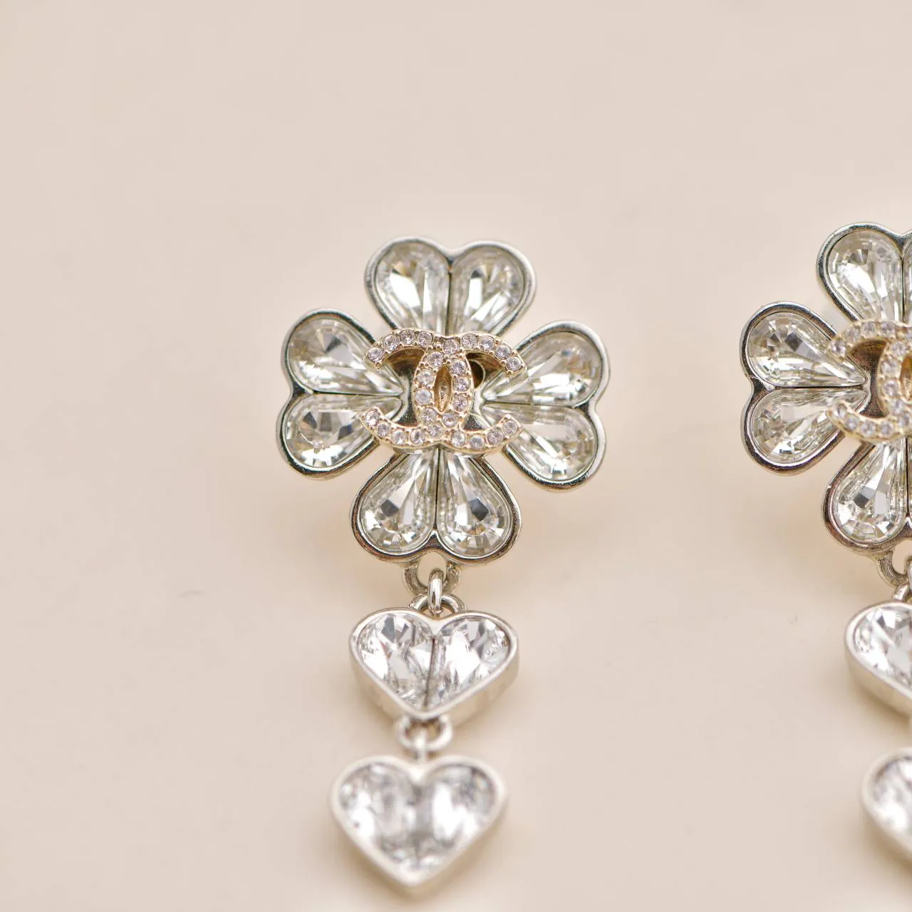 Chanel CC Crystal Clover Heart Drop Silver Earrings