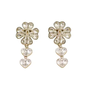 Chanel CC Crystal Clover Heart Drop Silver Earrings