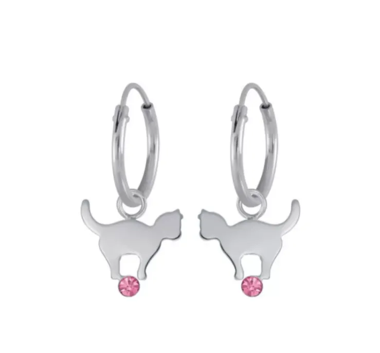 Children's Earrings:  Sterling Silver 10mm Hoops with Cat Balancing on Pink Ball Dangles