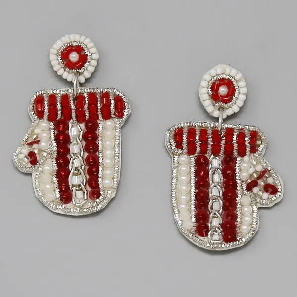 Christmas Mittens Seed Beaded Dangle Earrings.