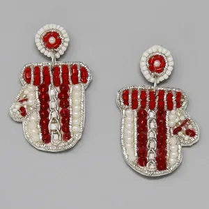 Christmas Mittens Seed Beaded Dangle Earrings.