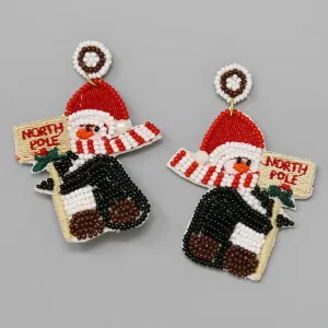 Christmas North Pole Penguin Seed Beaded Drop Earrings.