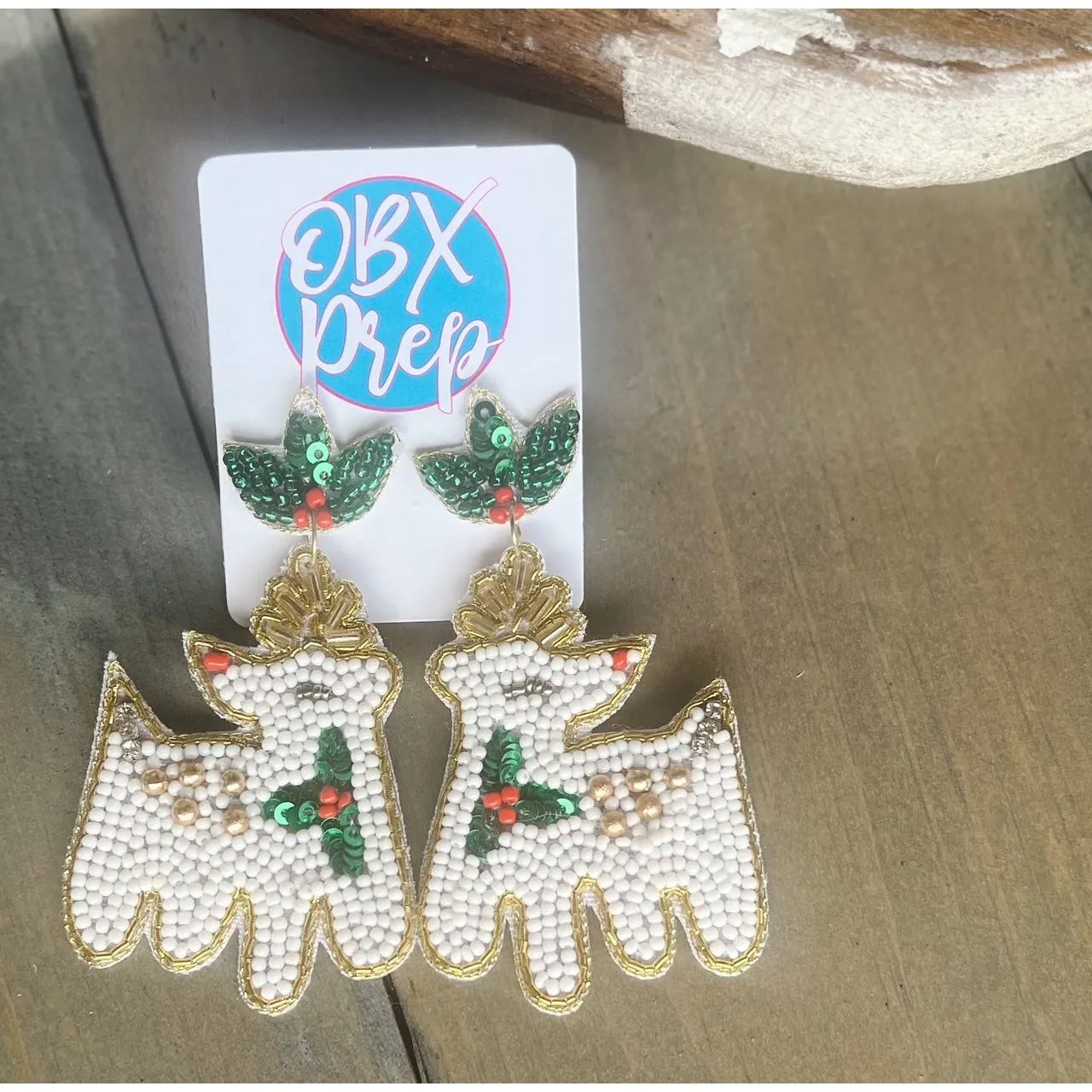 Christmas White Reindeer Beaded Dangle Earrings