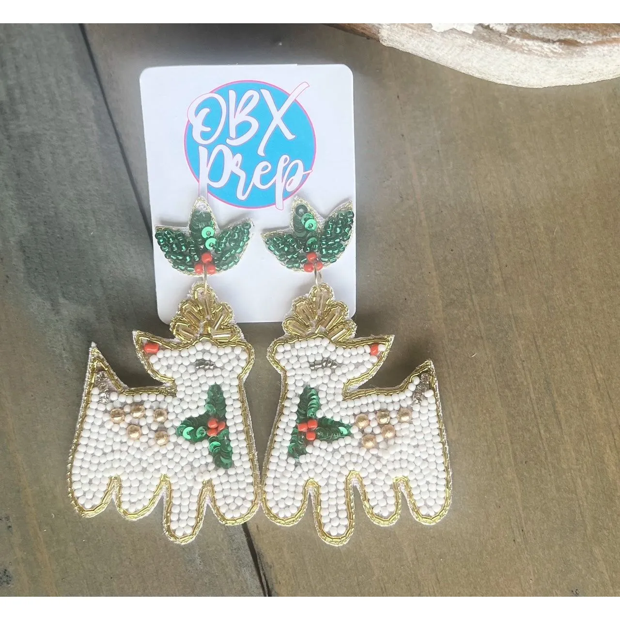 Christmas White Reindeer Beaded Dangle Earrings