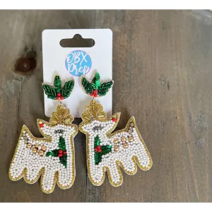 Christmas White Reindeer Beaded Dangle Earrings