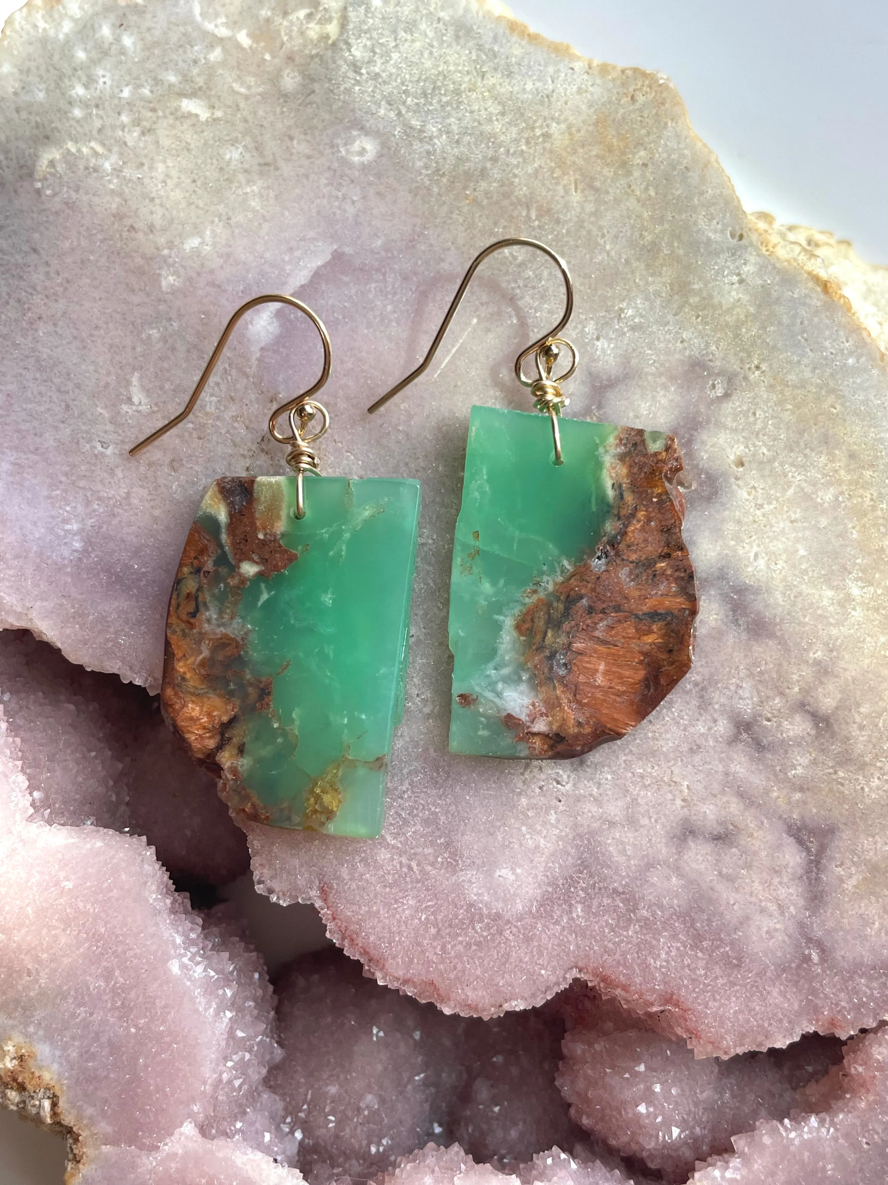 Chrysoprase Statement Earrings Gold Fill