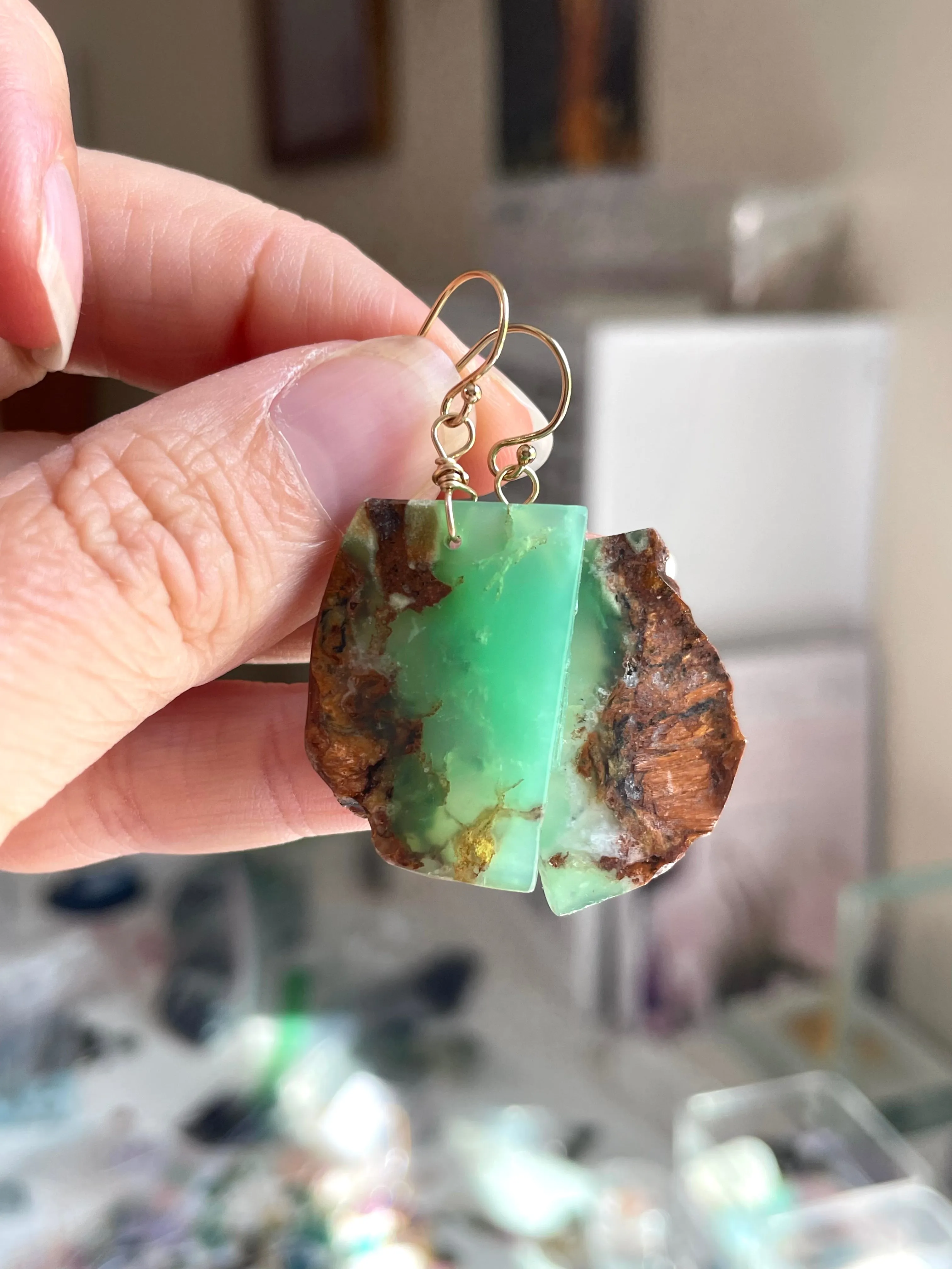 Chrysoprase Statement Earrings Gold Fill