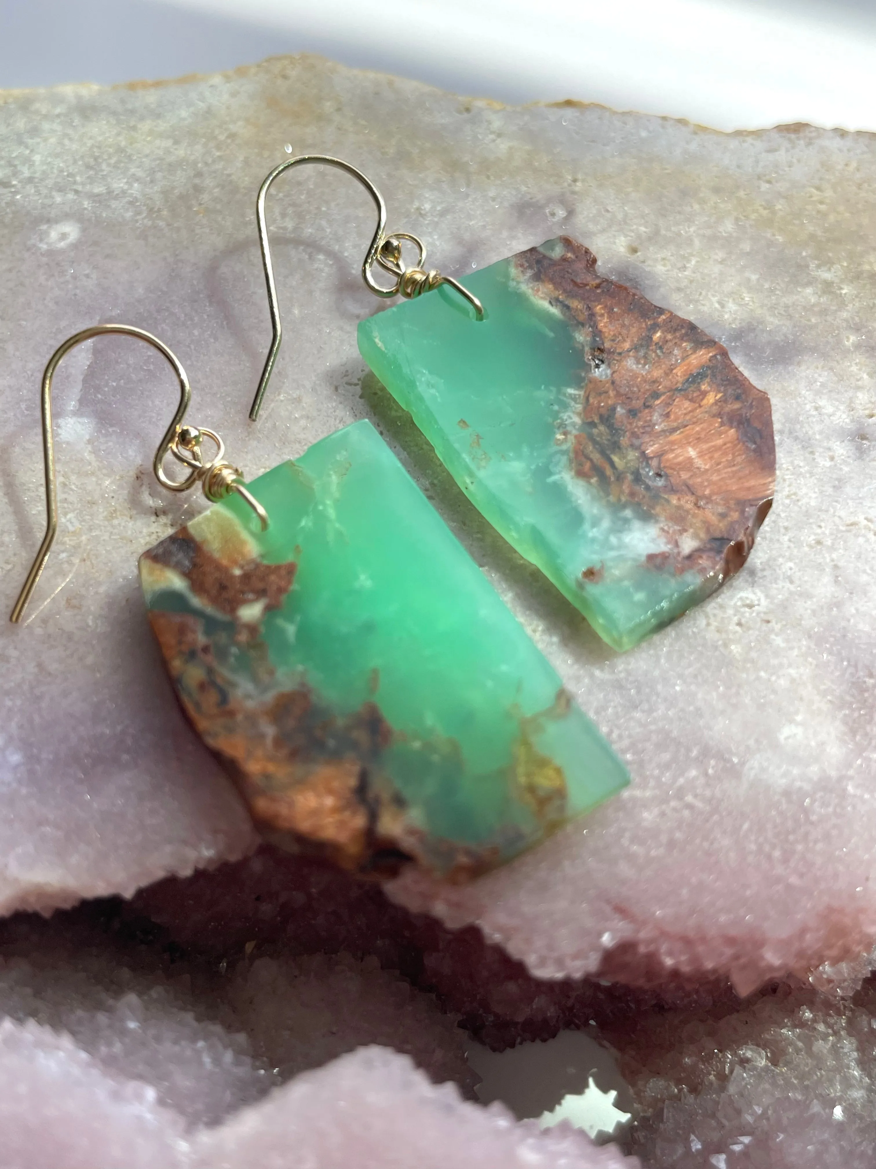 Chrysoprase Statement Earrings Gold Fill