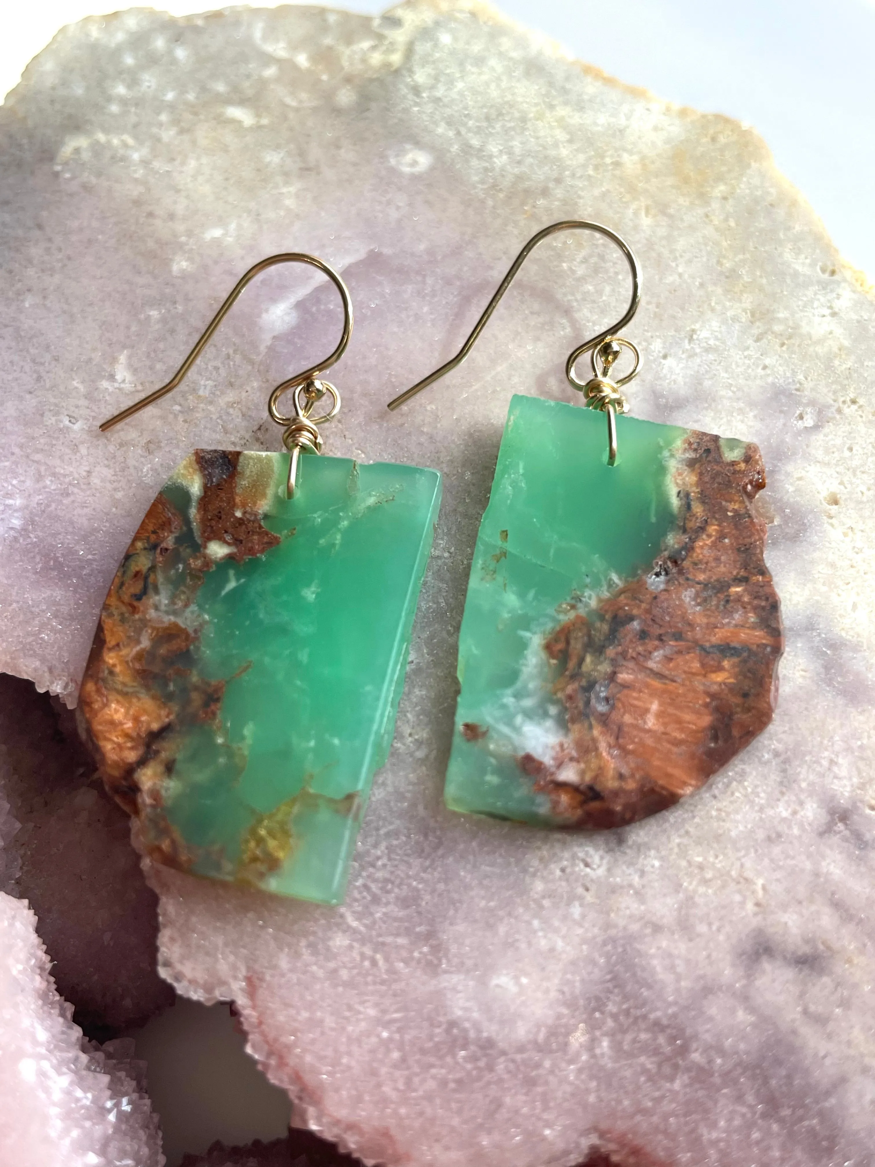 Chrysoprase Statement Earrings Gold Fill