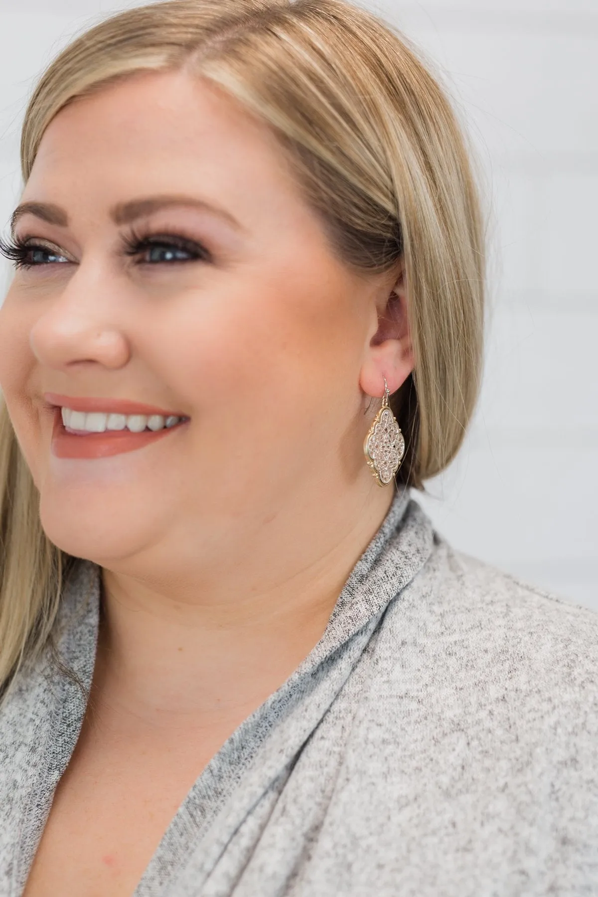Classy Design Pendant Earrings- Silver with Gold