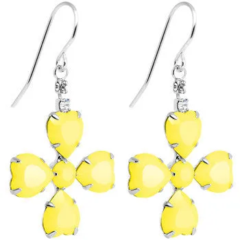 Clear Gem Yellow Neon Four Leaf Flower Dangle Earrings