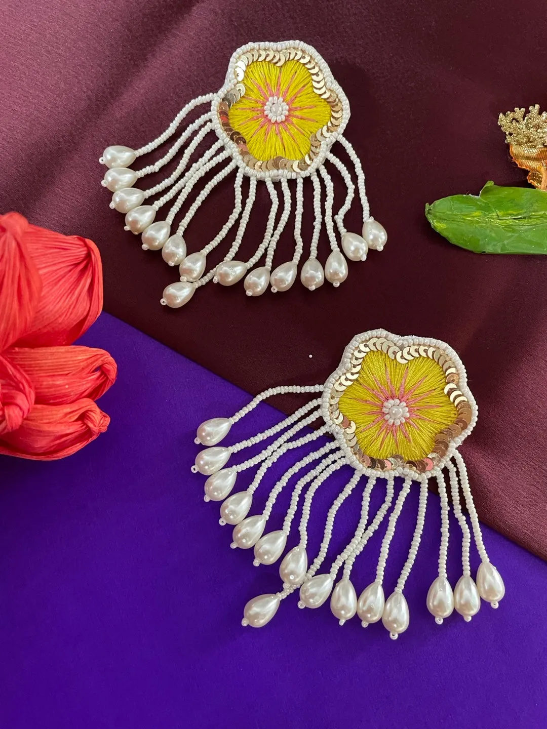Colourful Beaded Flower Earrings With Pearls