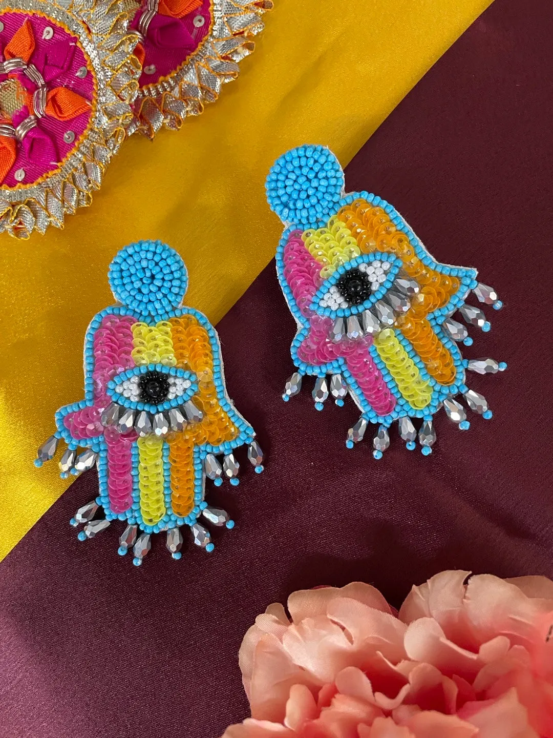 Colourful Beaded Hamsa Evil Eye Earrings