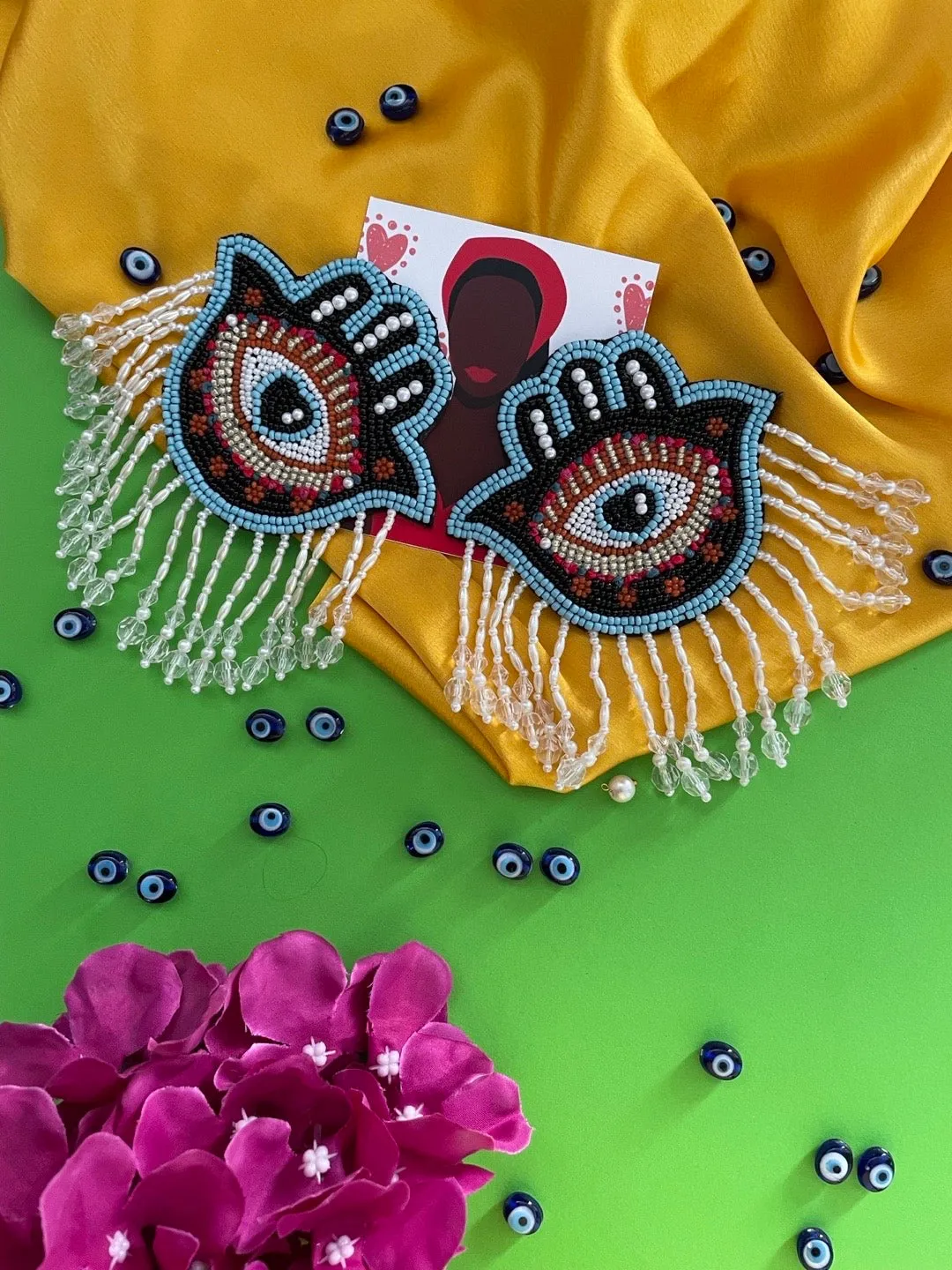 Colourful Beaded Hamsa Evil Eye Earrings