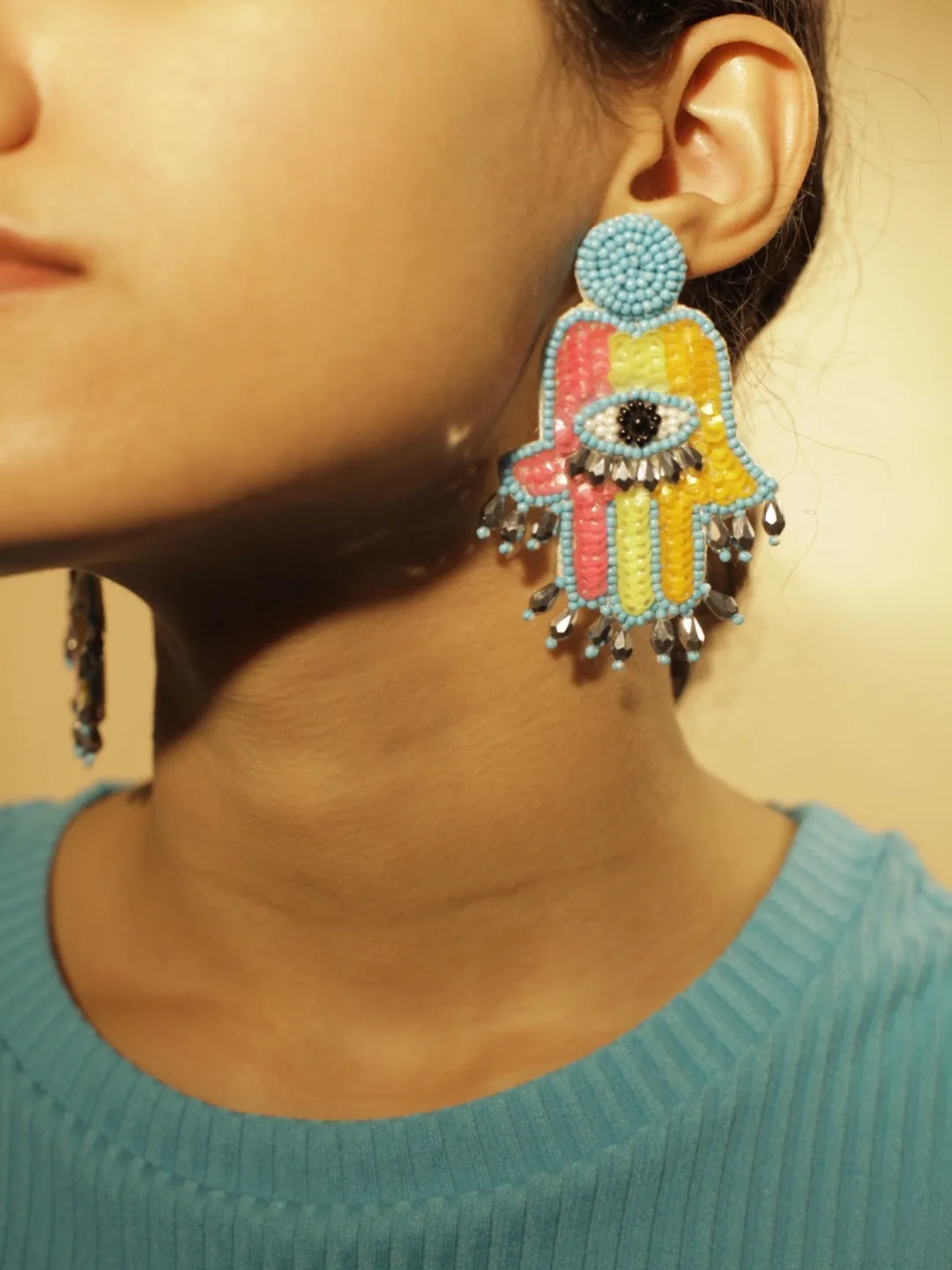 Colourful Beaded Hamsa Evil Eye Earrings