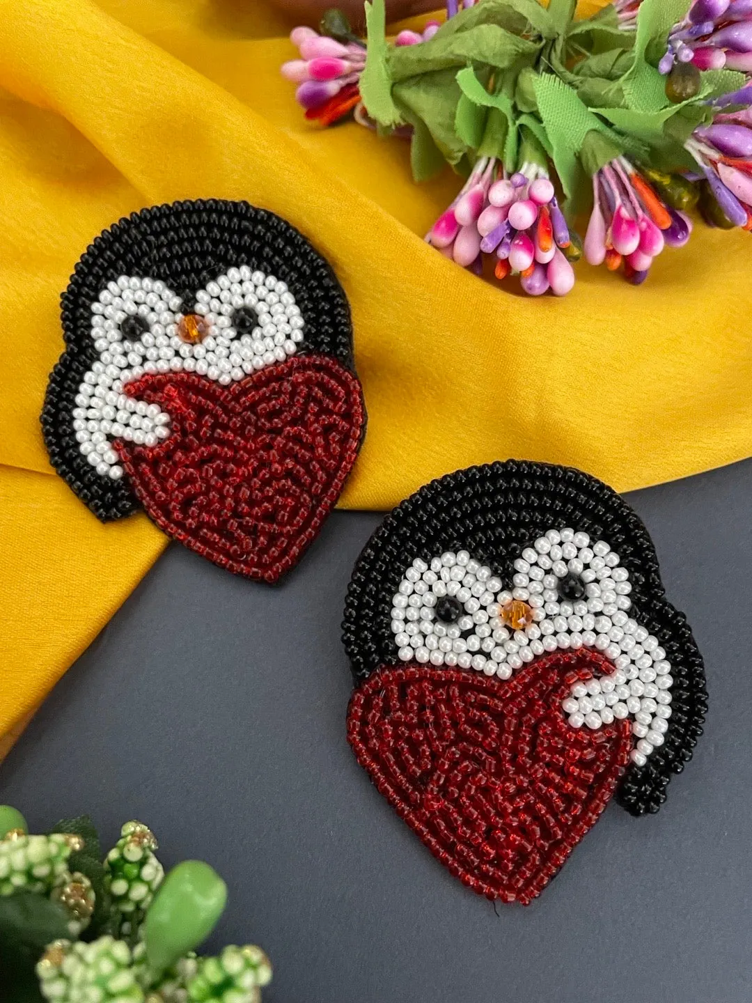 Colourful Beaded Penguin Heart Earrings