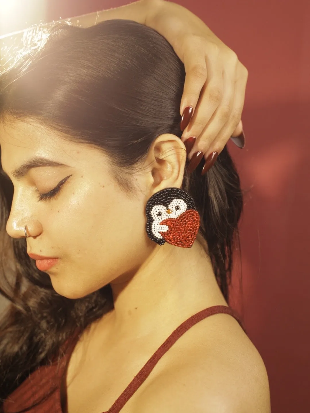 Colourful Beaded Penguin Heart Earrings
