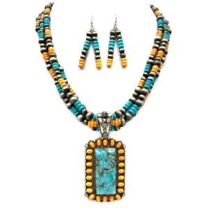 Concho Stone Turquoise Bead Pearl Western Chunky Necklace: Orange