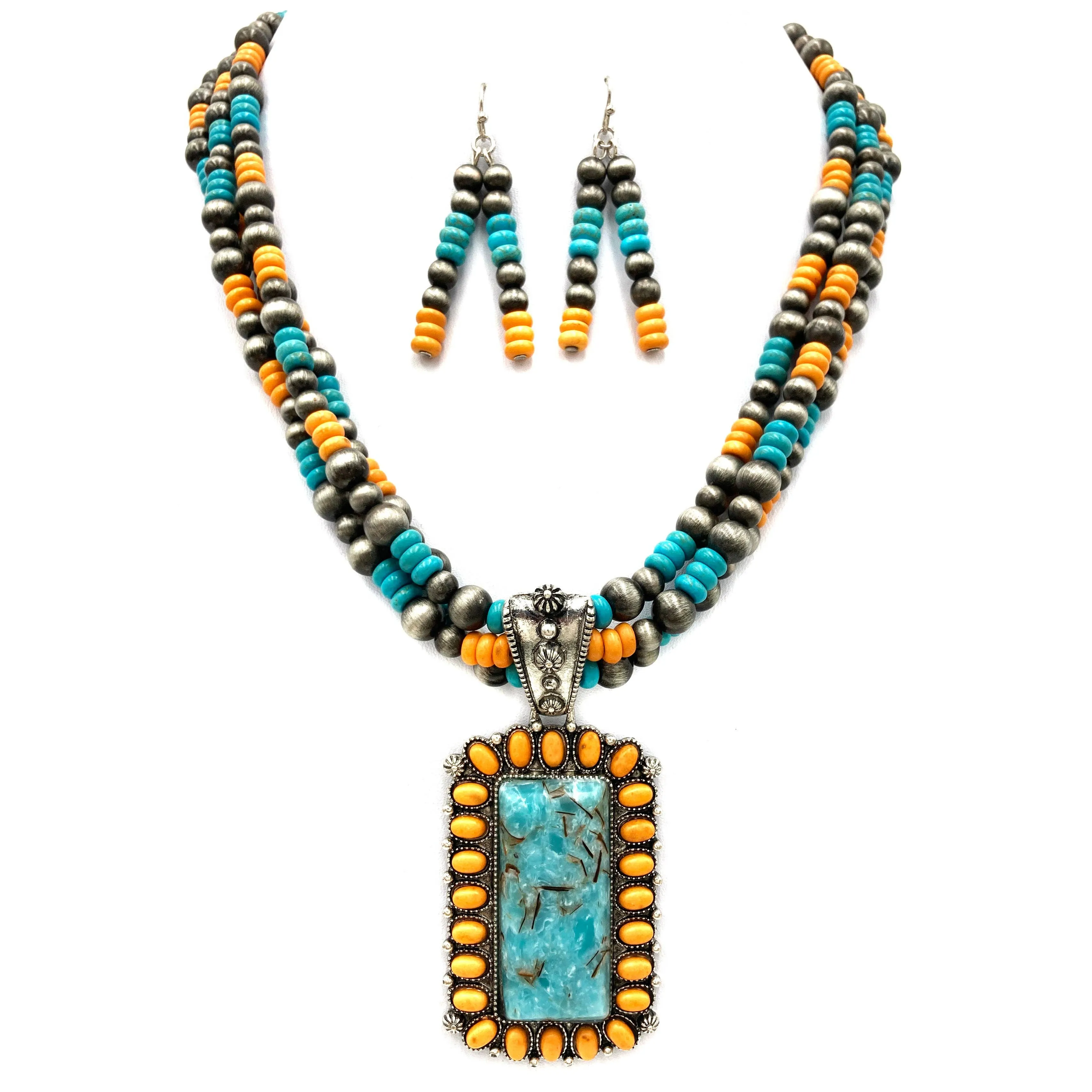 Concho Stone Turquoise Bead Pearl Western Chunky Necklace: Red