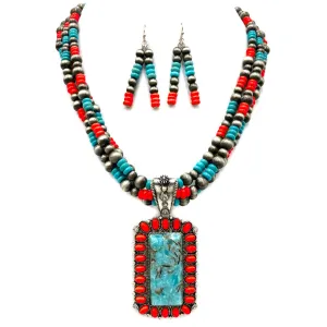 Concho Stone Turquoise Bead Pearl Western Chunky Necklace: Red