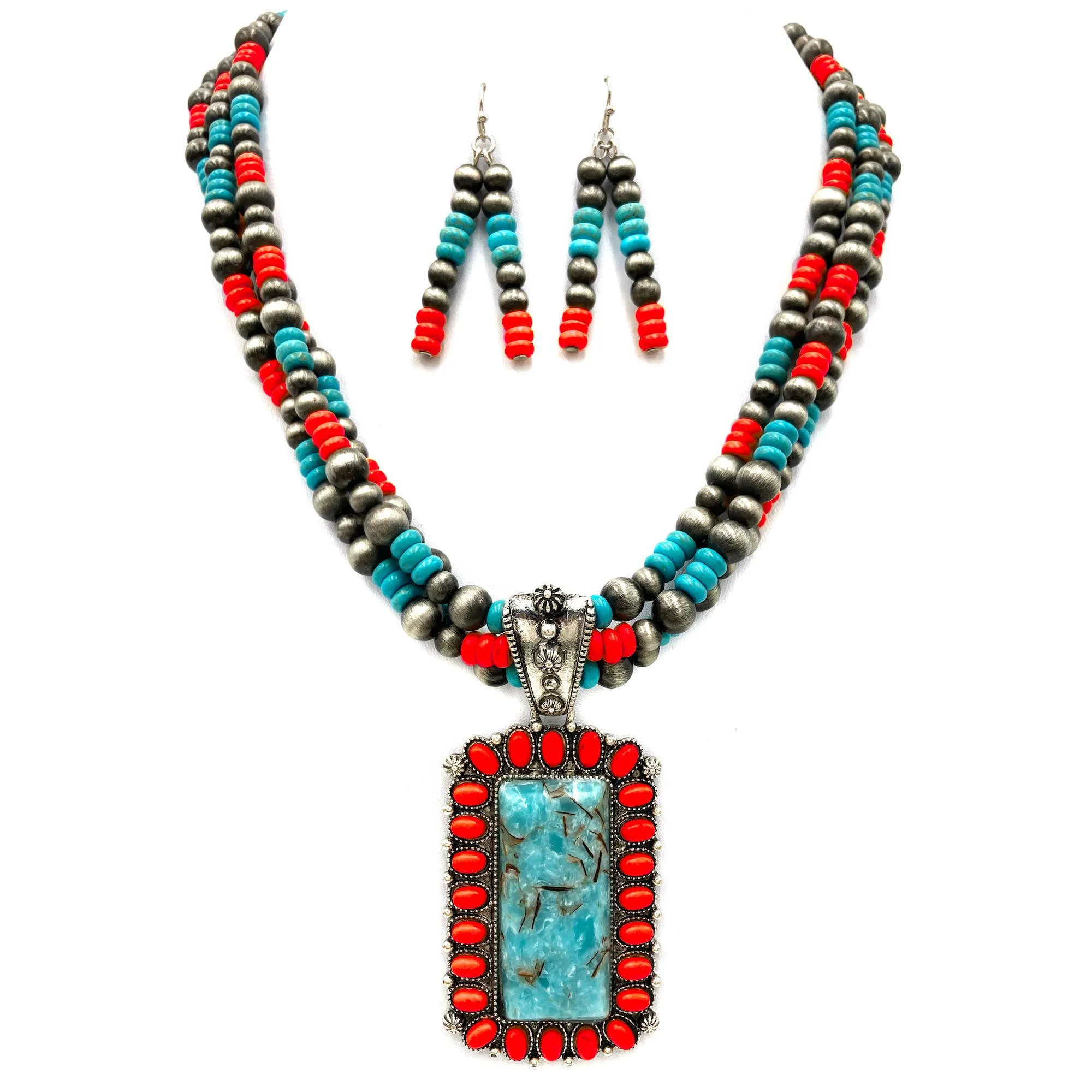 Concho Stone Turquoise Bead Pearl Western Chunky Necklace: Red