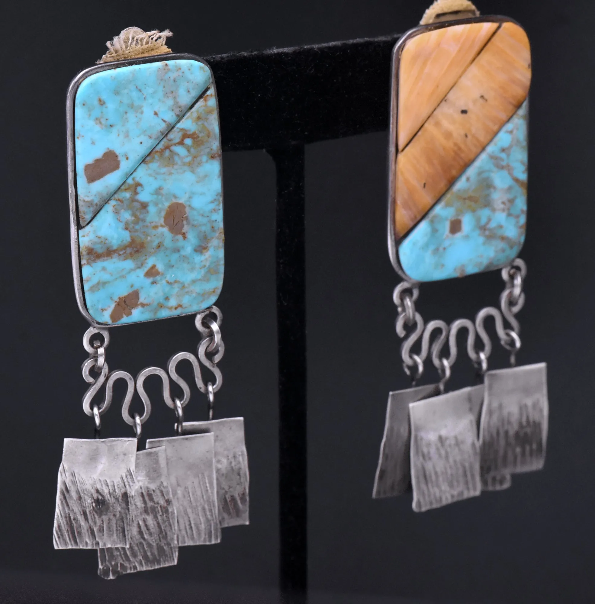 Consuelo Campos - Vintage Handmade Turquoise and Shell Sterling Silver Clip On Earrings