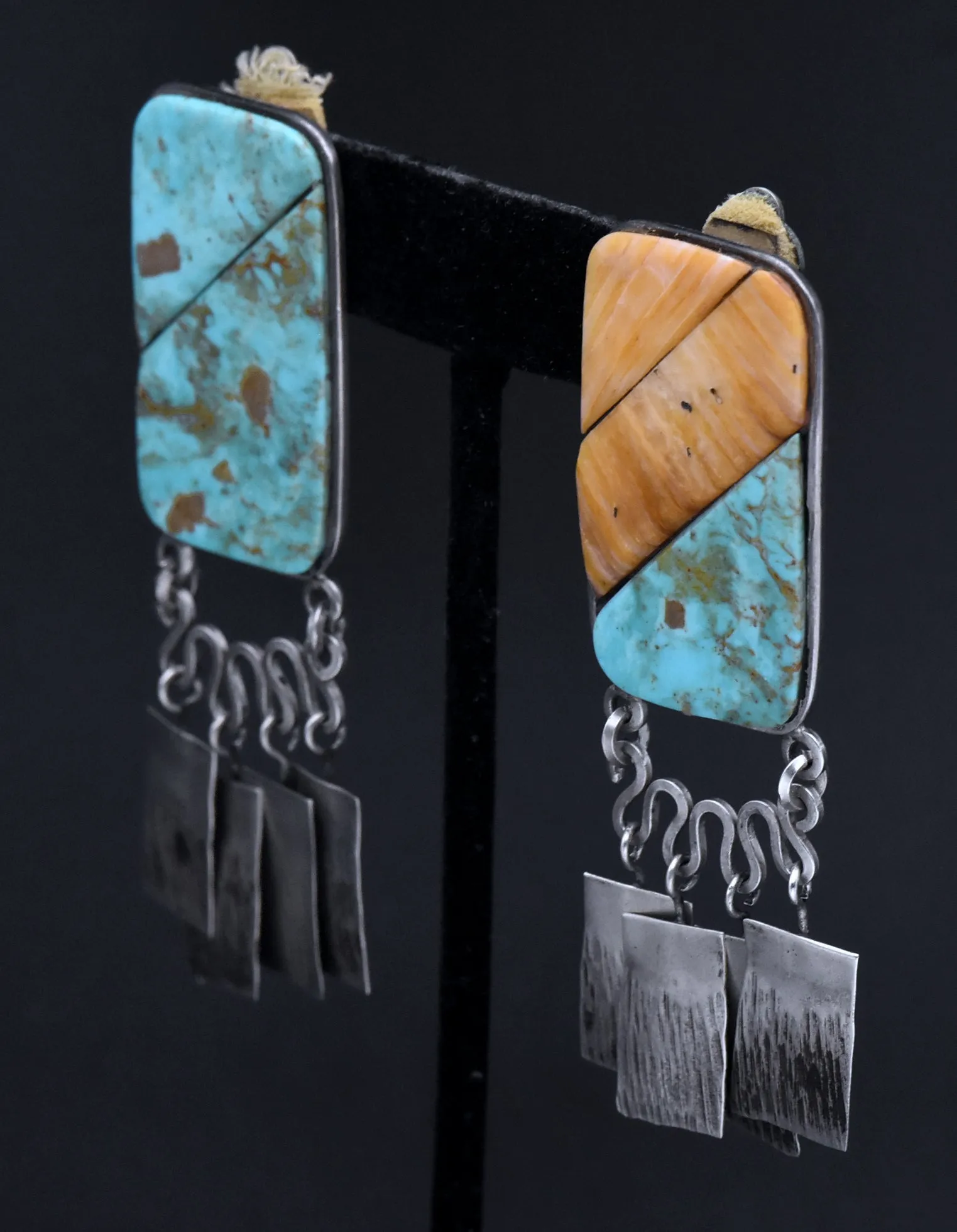 Consuelo Campos - Vintage Handmade Turquoise and Shell Sterling Silver Clip On Earrings