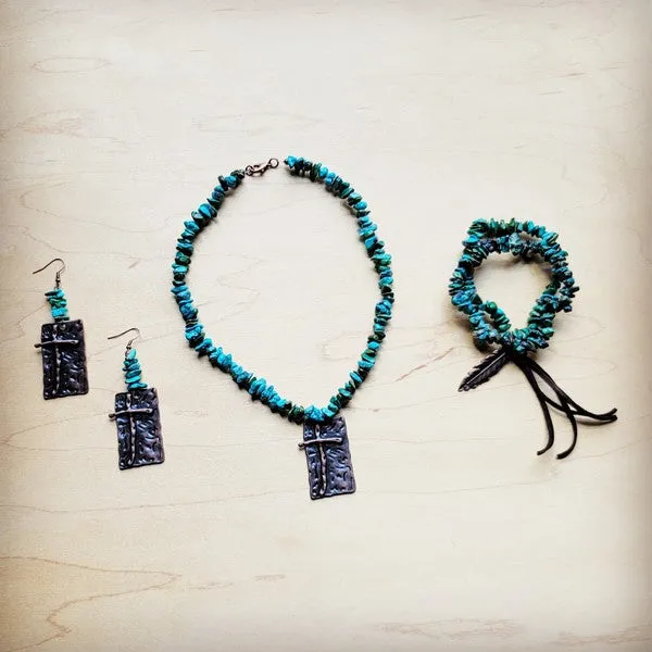 Copper Cross Natural Turquoise Stretch Bracelet w/ Feather