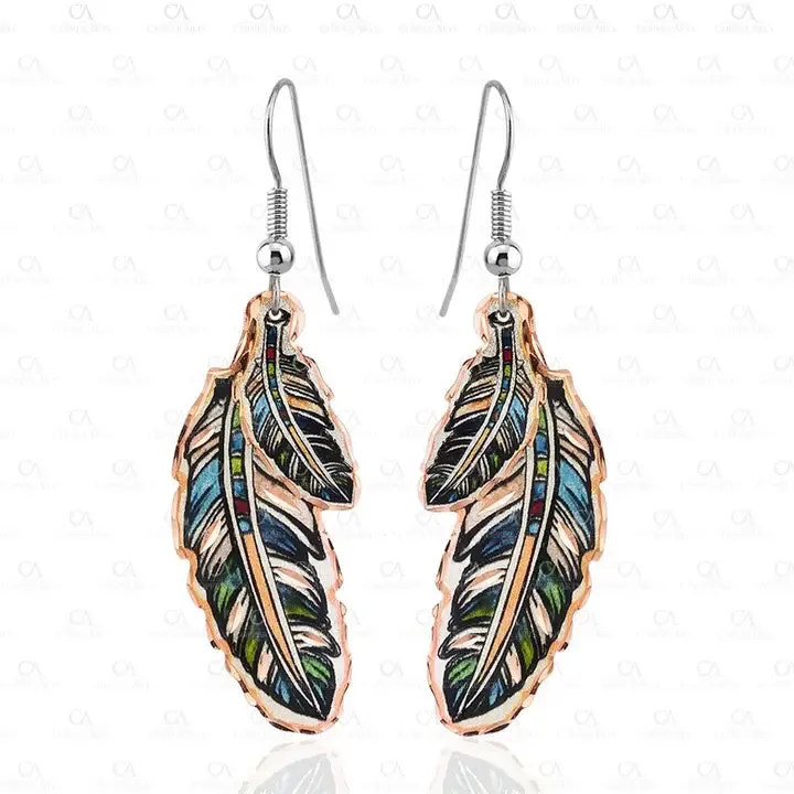Copper Red & Green Feather Earrings Ym-108