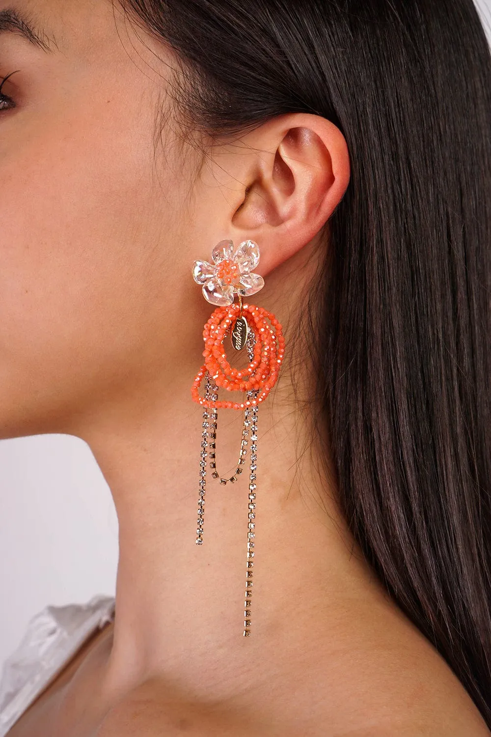 Coral Alloy Diamond Claw Chain Geometric Beaded Tassel Flower Drop Earrings