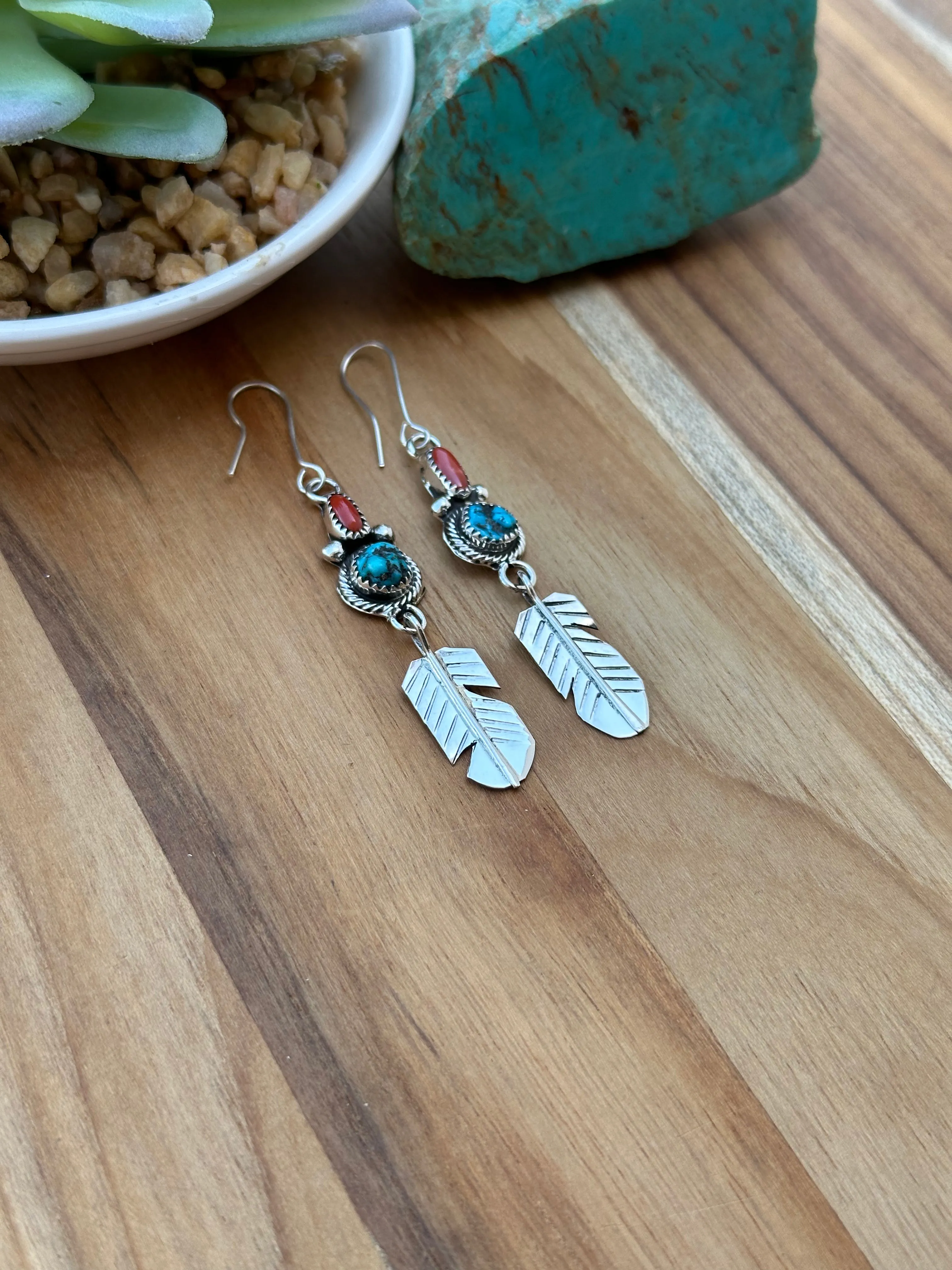 Coral& Kingman feather dangle earrings