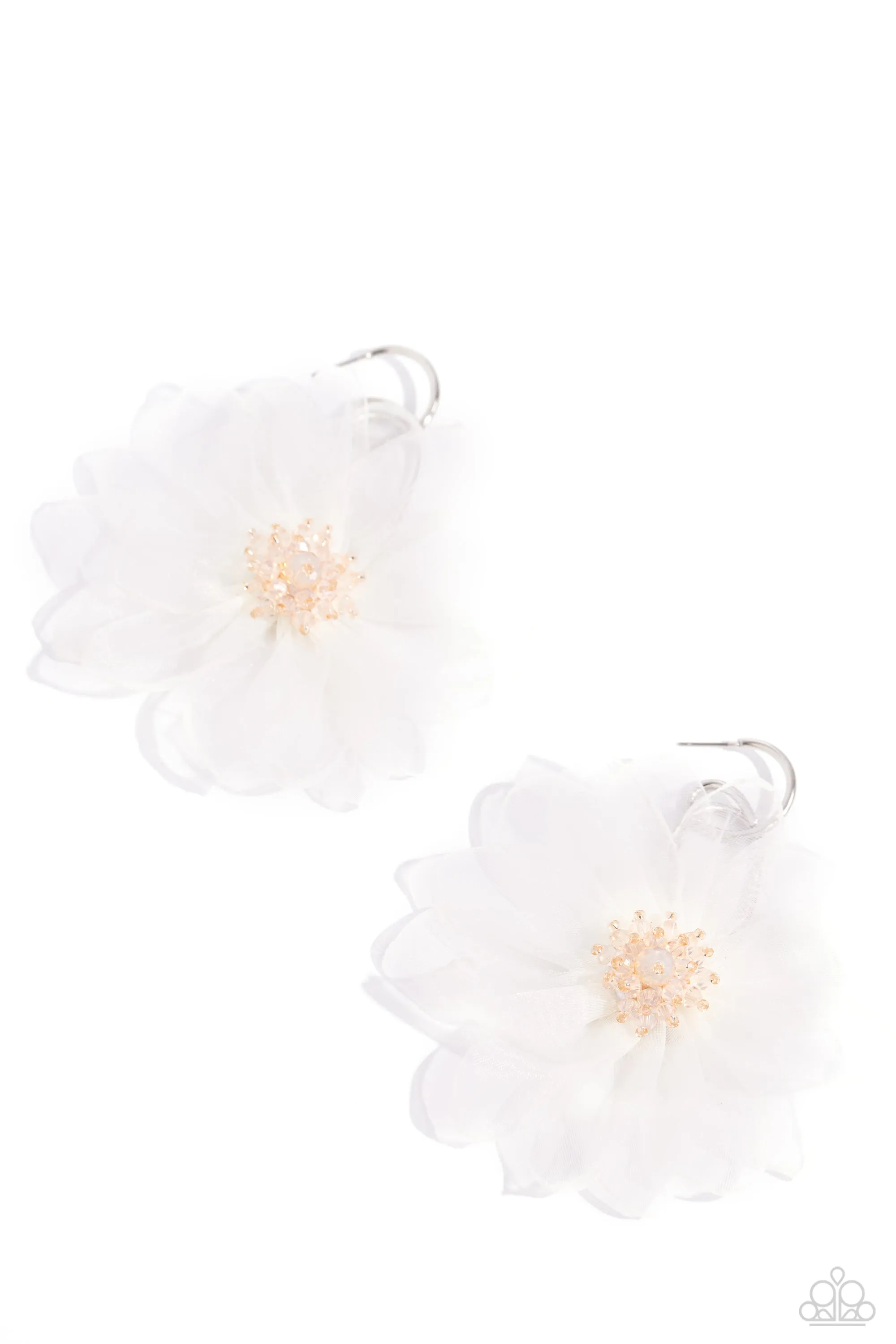 Cosmopolitan Chiffon - White - Oversized Flower Paparazzi Hoop Earrings