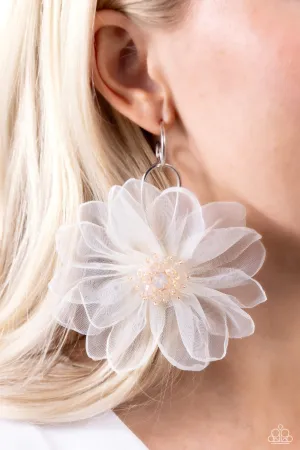Cosmopolitan Chiffon - White - Oversized Flower Paparazzi Hoop Earrings