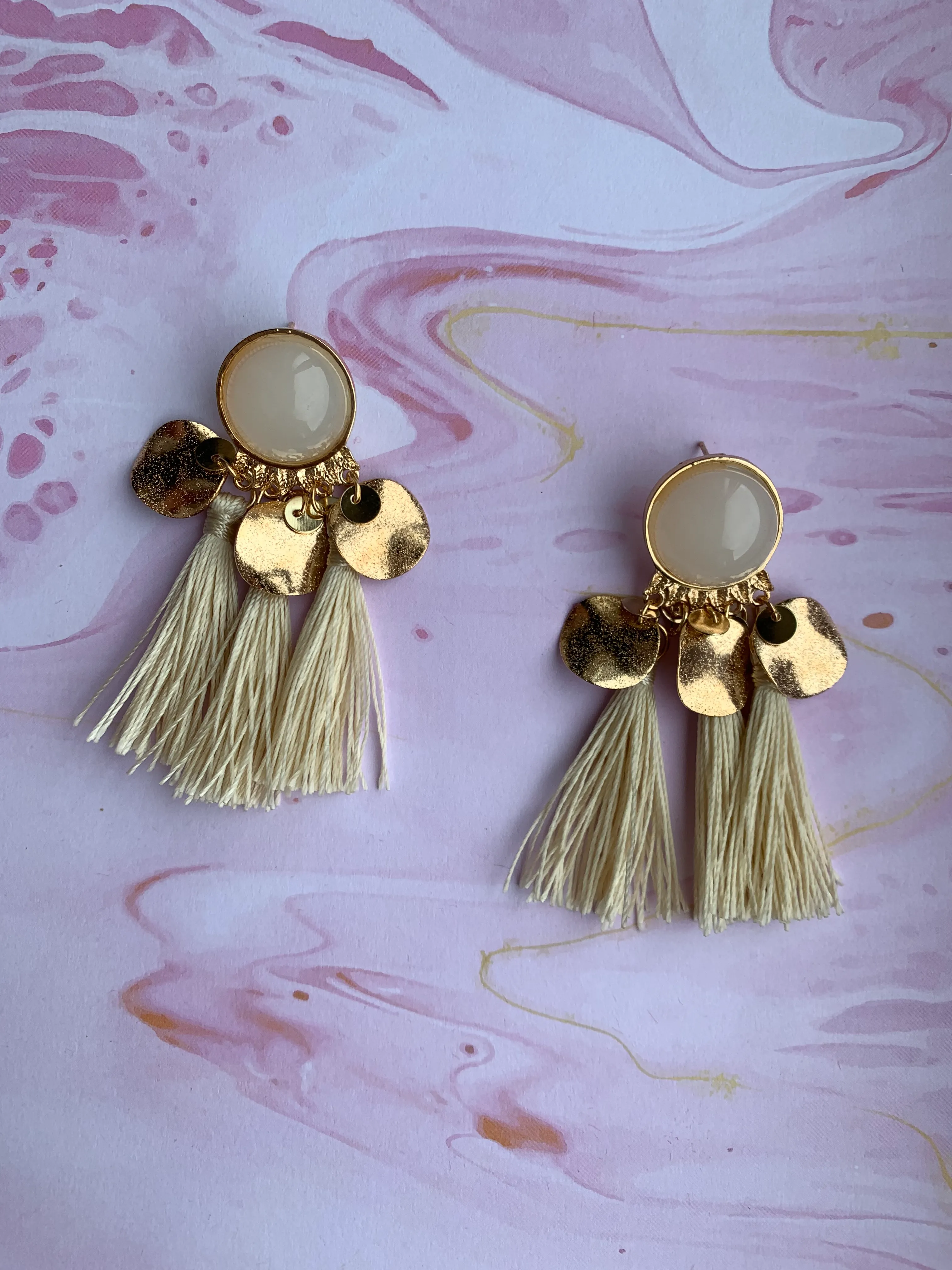 Cream and Gold 3 Drop Tassel Earring