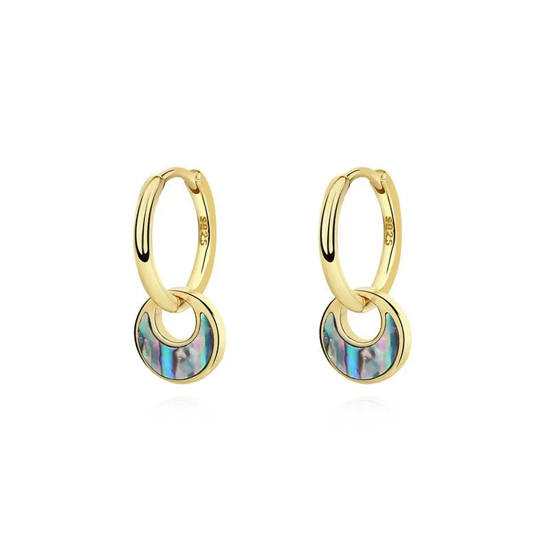 Crescent Moon Turquoise Abalone Shell Hoop Dangling Earrings