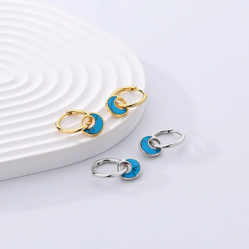 Crescent Moon Turquoise Abalone Shell Hoop Dangling Earrings