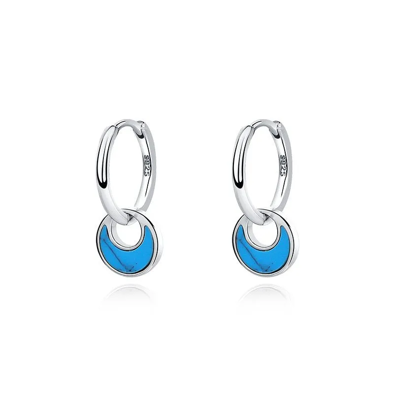 Crescent Moon Turquoise Abalone Shell Hoop Dangling Earrings
