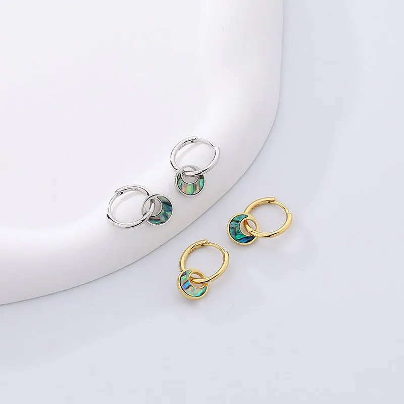 Crescent Moon Turquoise Abalone Shell Hoop Dangling Earrings