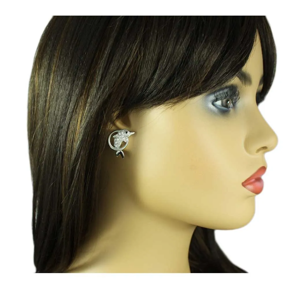 Crystal Dolphin Jumping Through Hoop Pierced Earring - REC148