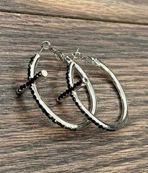 Crystal Laid Cross Hoop Earrings