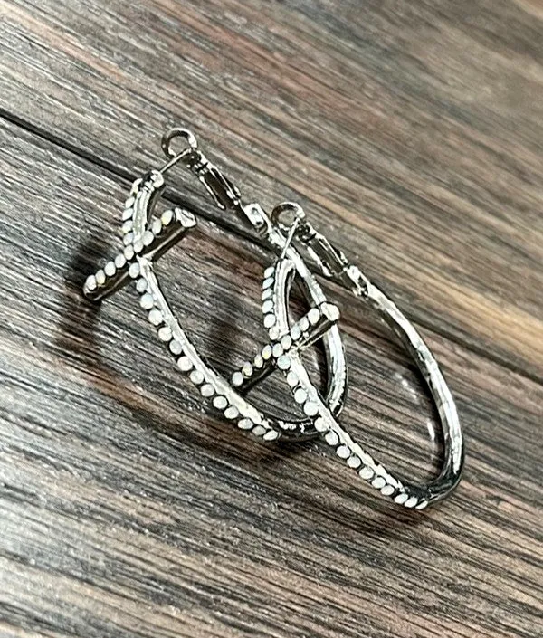 Crystal Laid Cross Hoop Earrings