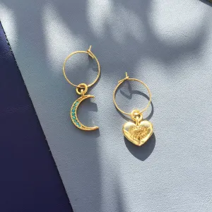 Crystal Moon Earrings: Turquoise Moon & Heart Charm Hoop Earrings