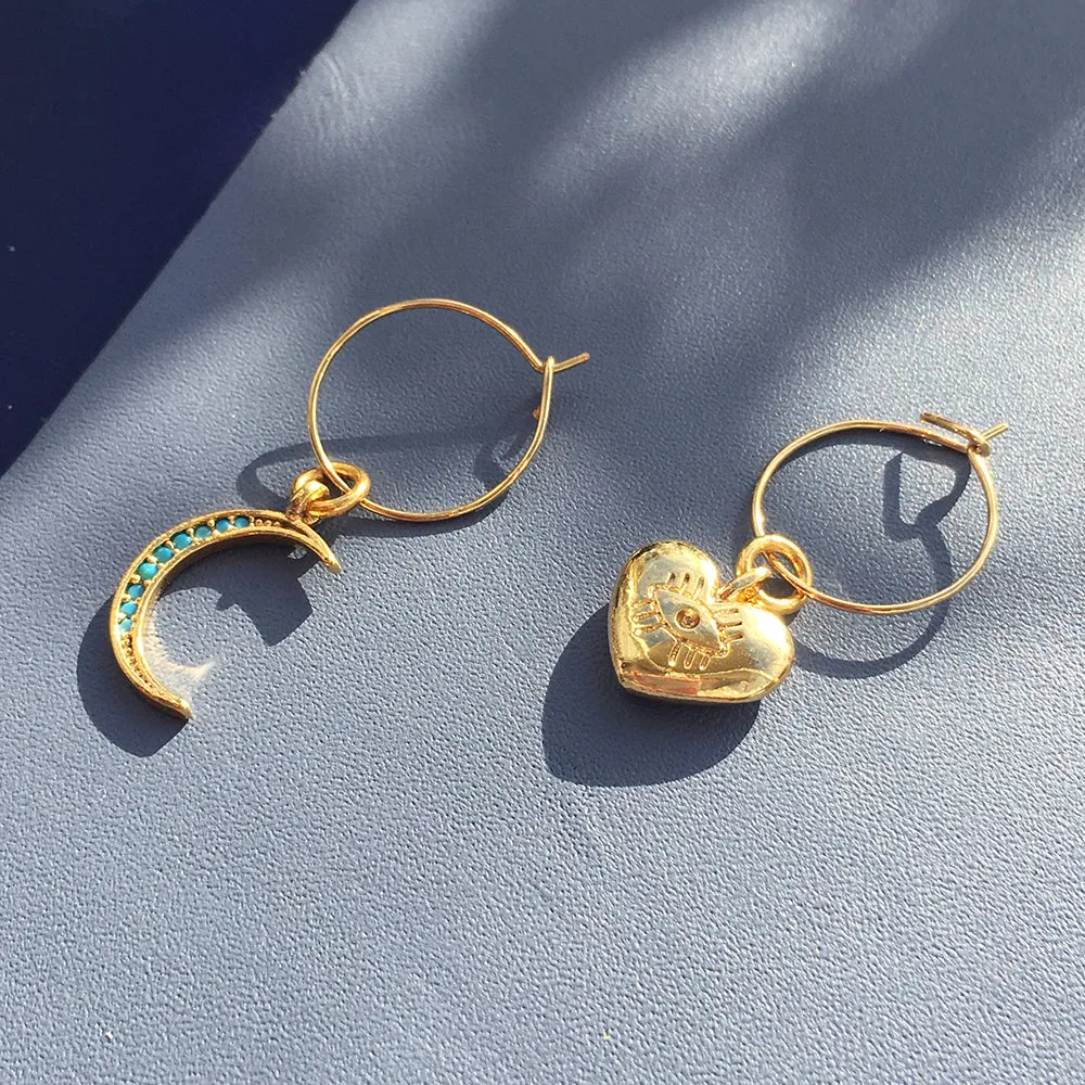 Crystal Moon Earrings: Turquoise Moon & Heart Charm Hoop Earrings